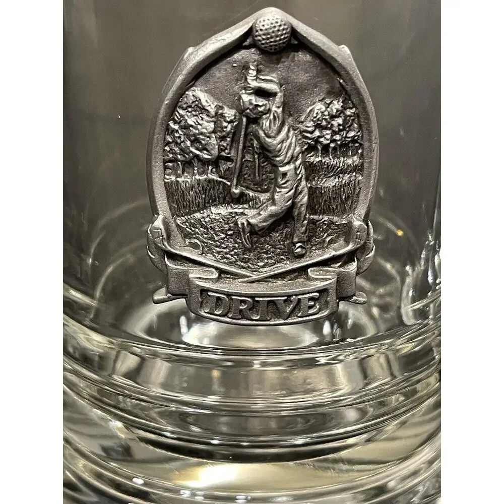 Drive!!Clear Glass Beer Stein Mug Raised Attached Golf Swing Pewter Medallion